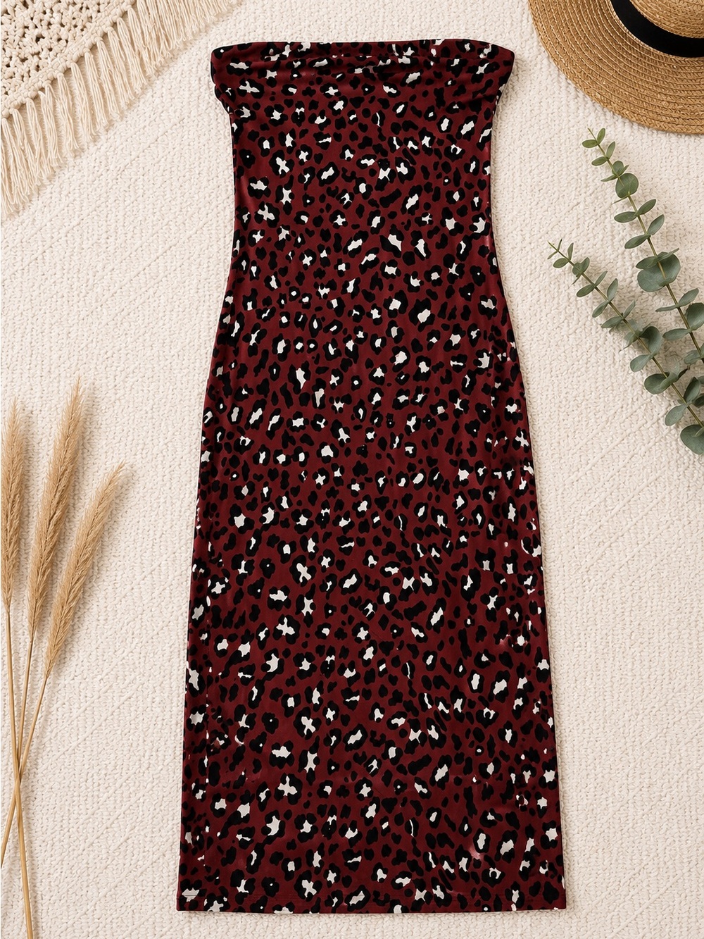 Strapless Rust Leopard Print Midi Dress
